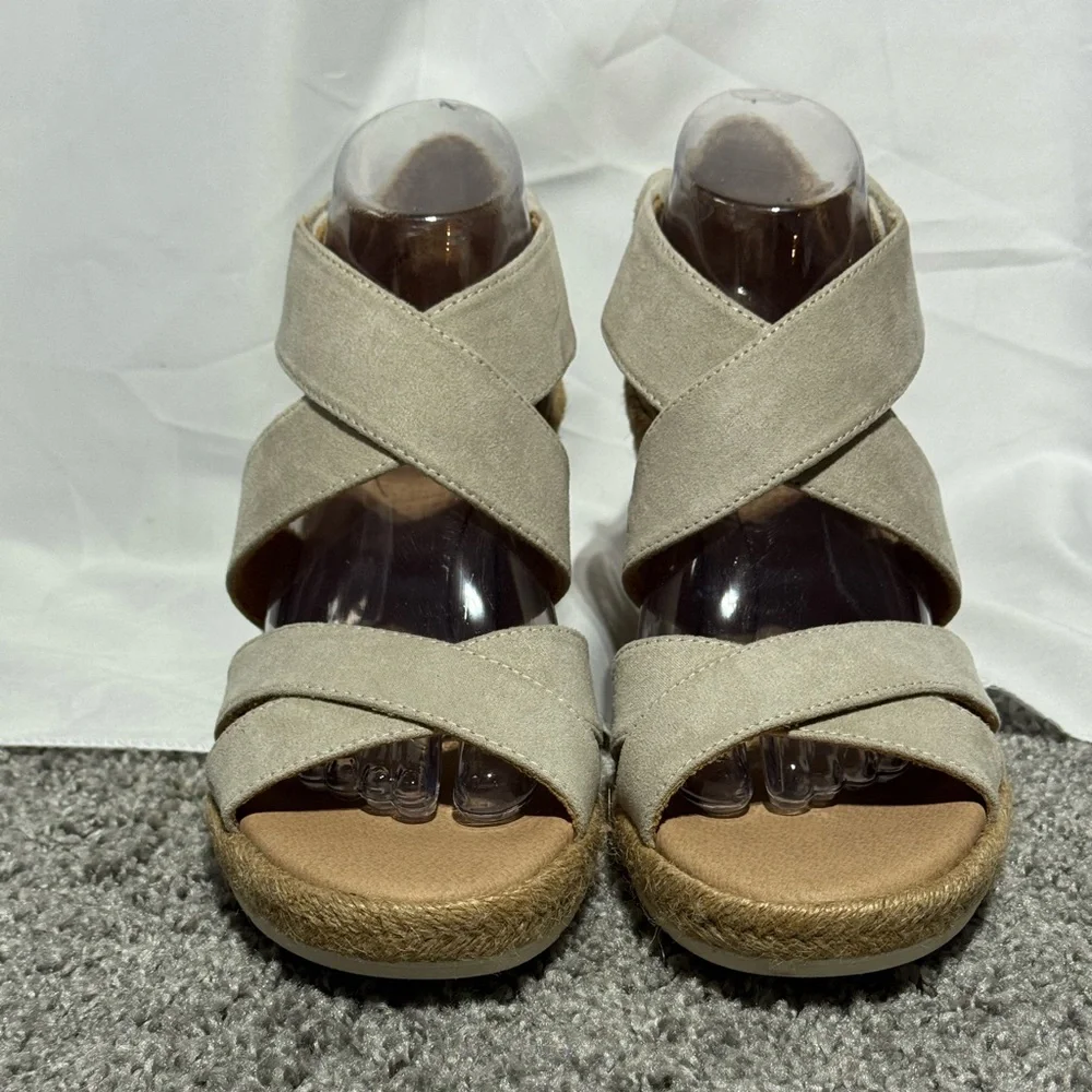 NWT Dr. Scholl's Sandals Visitors Platform Espadrille Open Toe Wedge Tan Size 9 - Picture 2 of 11